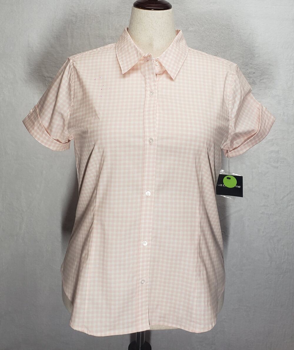 Liz Claiborne Vintage Pink Gingham Stretch Blouse L 90s Career Chic Preppy